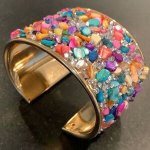 18k Gold Plated Rainbow Gemstone Cuff Multicolor Wide Bangle Bracelet